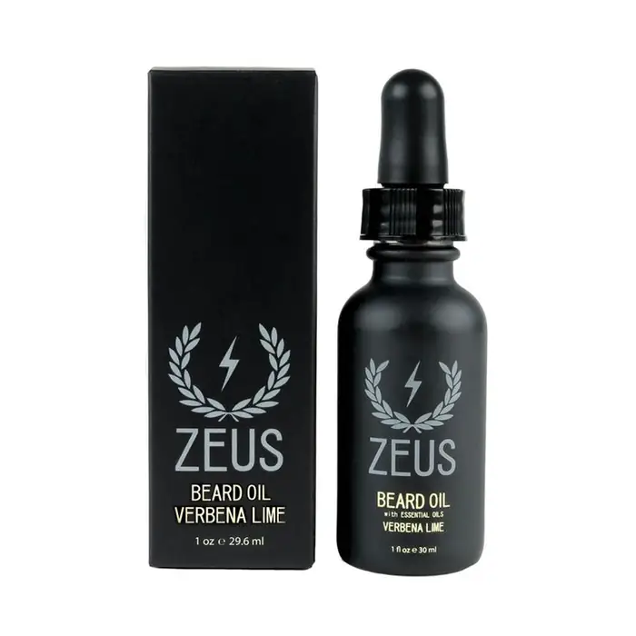 Zeus beard oil bottle and box, Verbena Lime