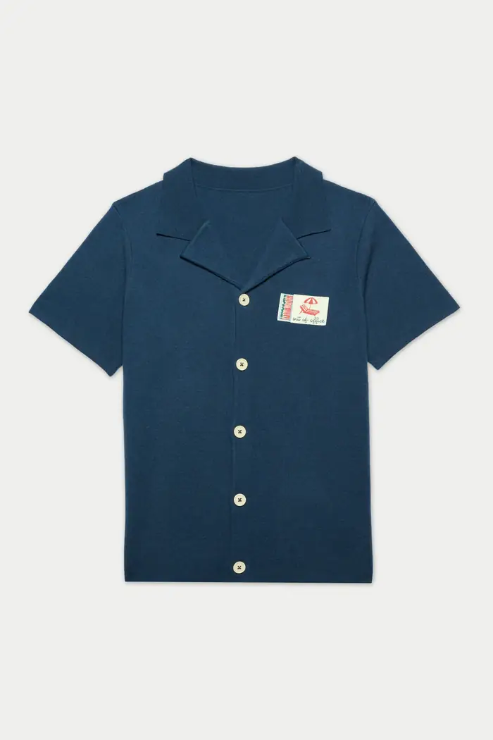 Navy short-sleeve camp shirt, flat lay