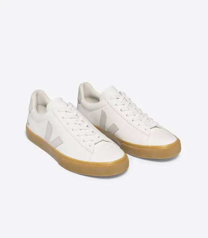White leather sneakers with a gum sole