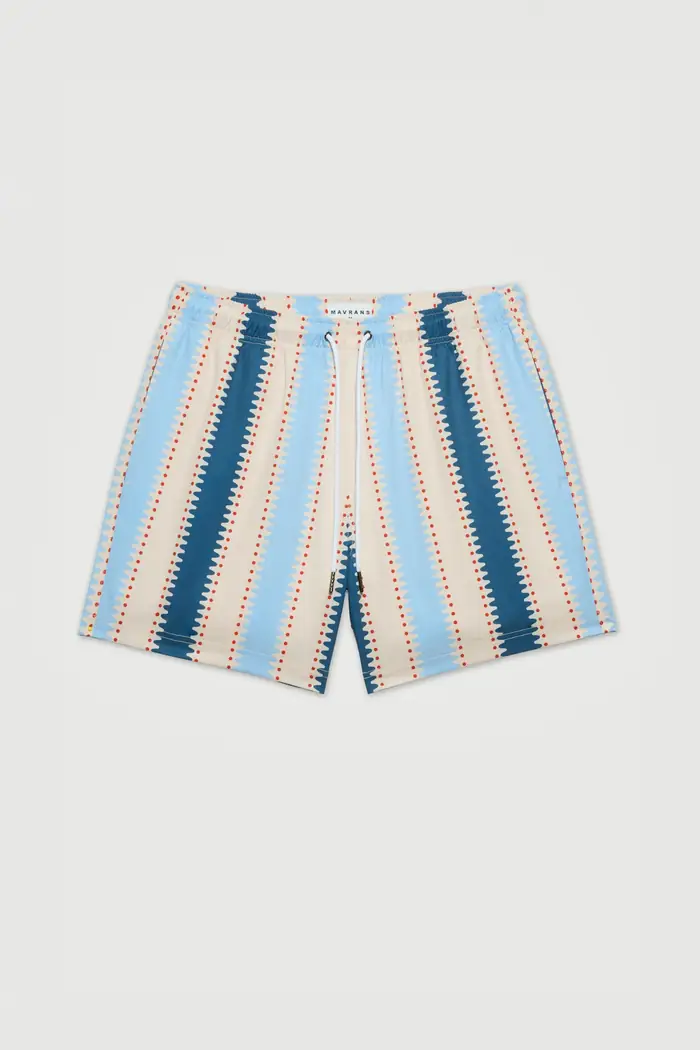Striped blue and cream shorts, flat lay