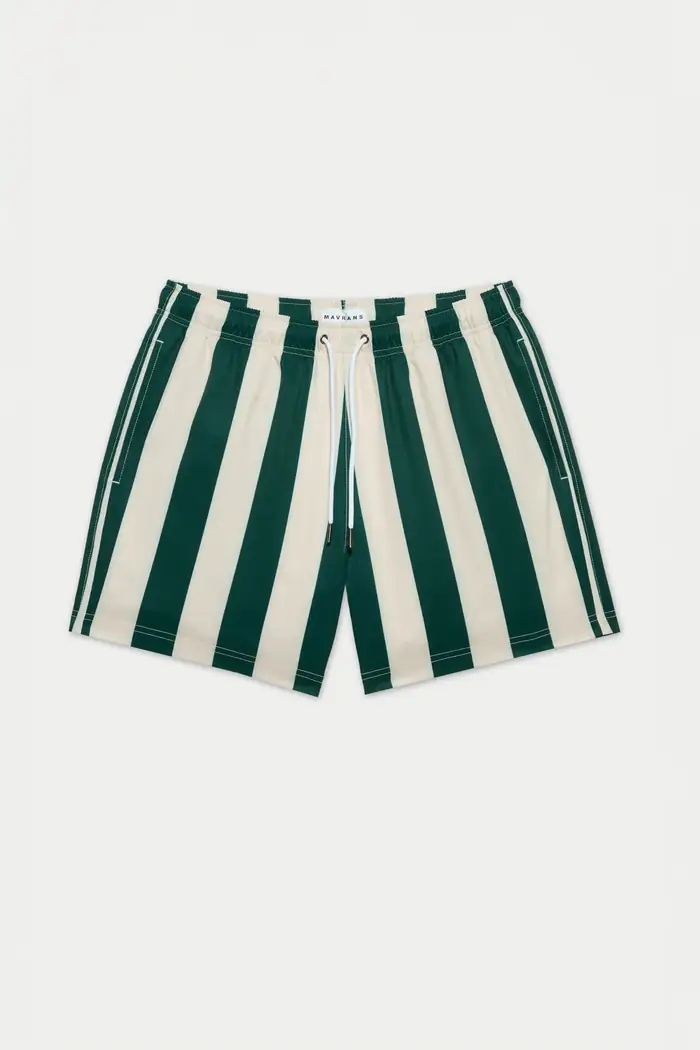 Green and cream striped shorts, flat lay