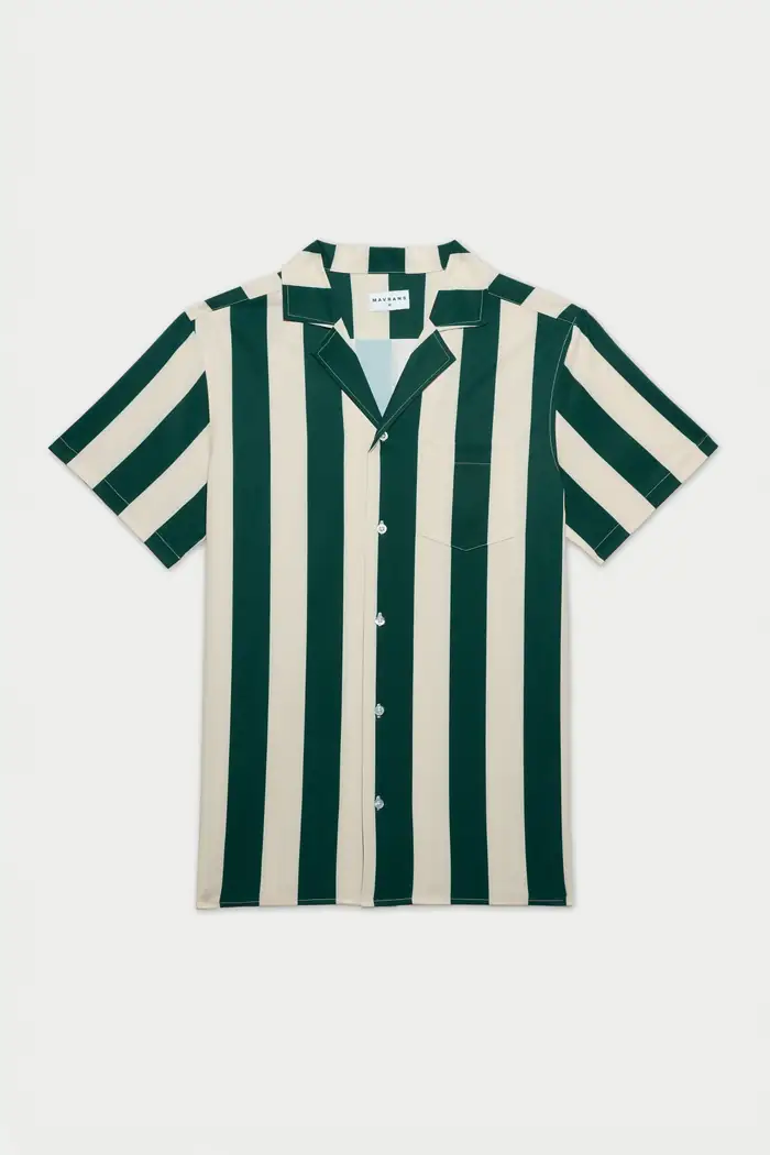 Green and cream striped shirt, flat lay